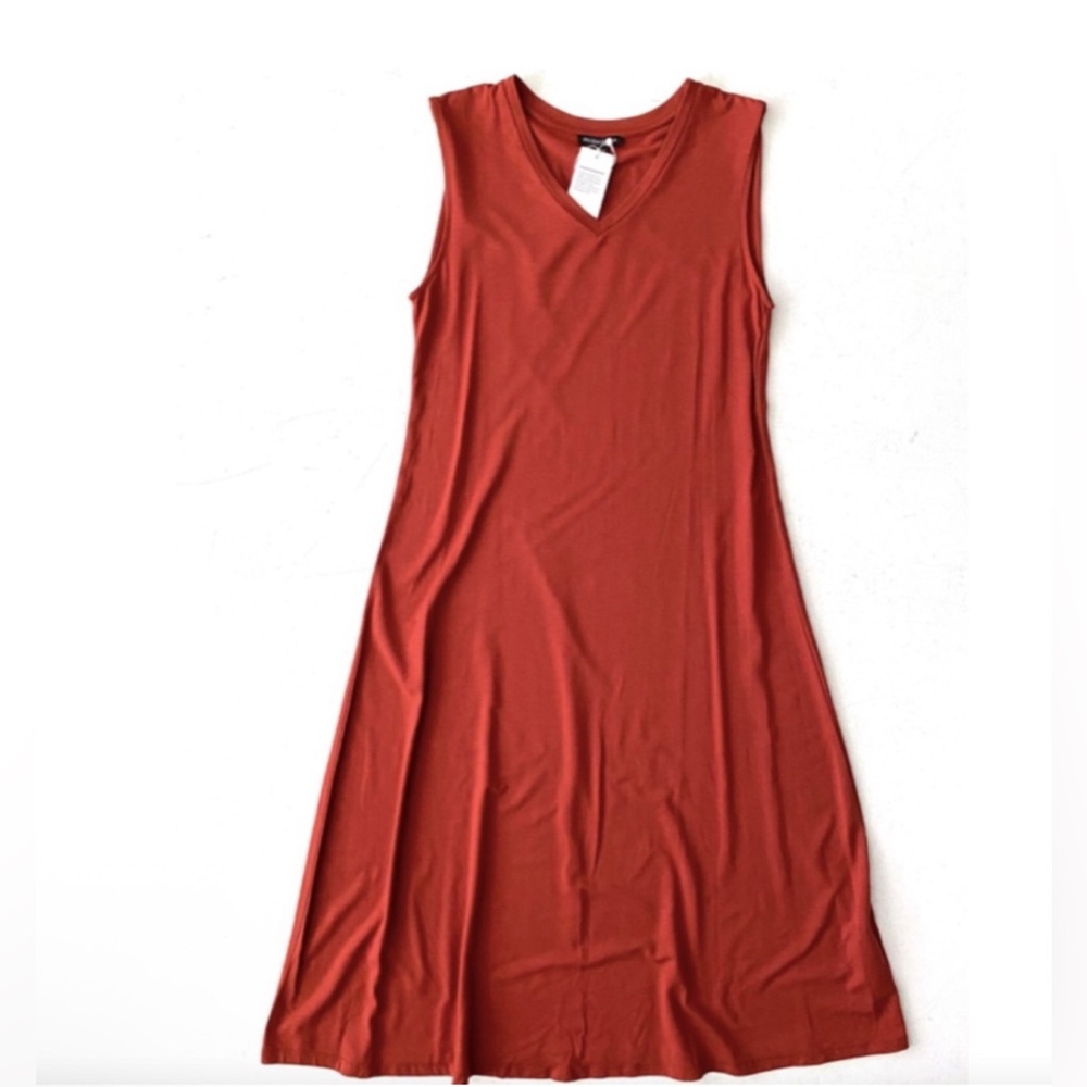 NWT Eileen Fisher Sleeveless V Neck Jersey Midi Dress Red Orange Lagenlook LARGE - Picture 9 of 12